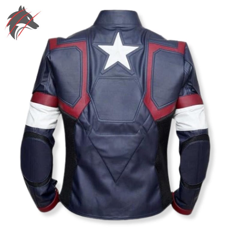 Handgemaakt leren Captain America-jack: leren superhelden-cosplayjack voor heren | Bikerjas patriottische ster op borst | Aangepaste formaten afbeelding 6