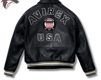 Chaqueta bomber universitaria vintage de cuero negro AVIREX – Parche de los 90 de EE. UU.