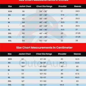 May include: A size chart table with red headers titled Size Chart Measurements in Inches and Size Chart Measurements in Centimeter. It lists sizes from XXS to 4XL with corresponding jacket chest, chest range, shoulder, and sleeve measurements.