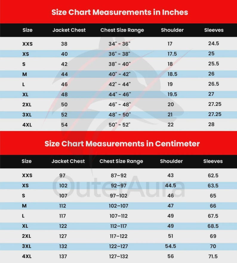 May include: A size chart table with red headers titled Size Chart Measurements in Inches and Size Chart Measurements in Centimeter. It lists sizes from XXS to 4XL with corresponding jacket chest, chest range, shoulder, and sleeve measurements.