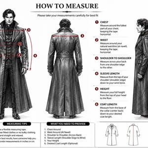 May include: Diagram illustrating how to measure for a long coat. The image shows a front, back, and side view of a person wearing the coat, with numbered lines indicating chest, waist, shoulder, sleeve, height, and coat length measurements. Text provides measuring tips.