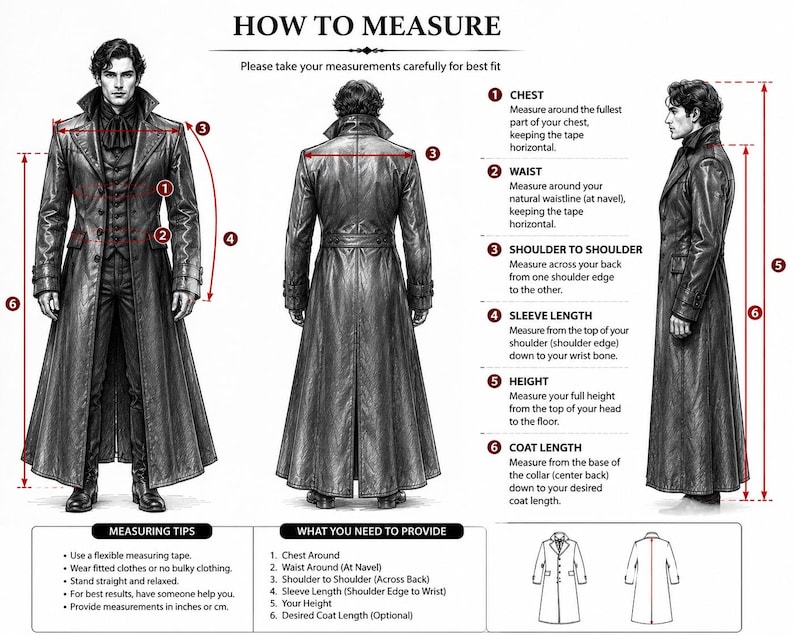 May include: Diagram illustrating how to measure for a long coat. The image shows a front, back, and side view of a person wearing the coat, with numbered lines indicating chest, waist, shoulder, sleeve, height, and coat length measurements. Text provides measuring tips.