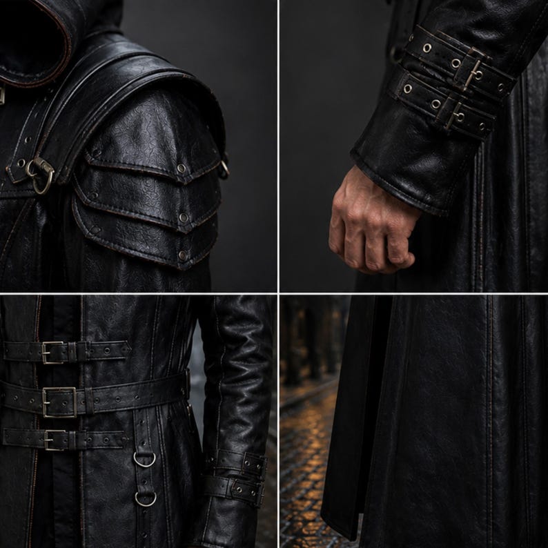 May include: Black leather coat with a hooded collar, shoulder armor, and multiple buckles. The coat features a long design with a belt and detailed stitching. The sleeves have buckle closures at the wrist.