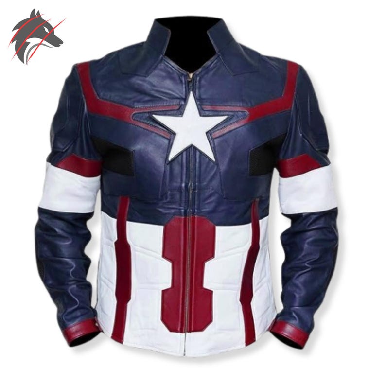 Handgemaakt leren Captain America-jack: leren superhelden-cosplayjack voor heren | Bikerjas patriottische ster op borst | Aangepaste formaten Blue