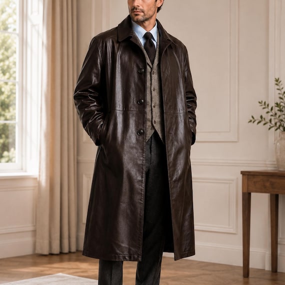 Men's Genuine Leather Overcoat | Brown Leather Trench Coat | Old Money Long Leather Coat – Vintage Leather Winter & Classic Gentleman Coat