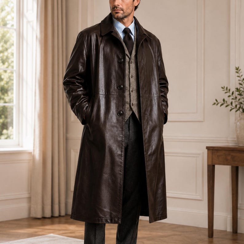 Front view of a men's dark brown genuine leather overcoat featuring an Old Money inspired design, full-length trench coat style, handcrafted premium leather, classic lapel collar, tailored fit, and elegant luxury winter fashion for men.