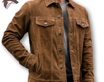 Vintage Trucker Leather Suede Jacket Men - Handmade Denim