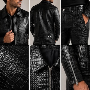 May include: A black jacket and matching trousers set featuring a glossy, embossed crocodile skin texture. The jacket includes a pointed collar, a full-length front metal zipper, and long sleeves with zippered cuffs. The trousers feature a classic five-pocket design with metal rivets and a button closure.