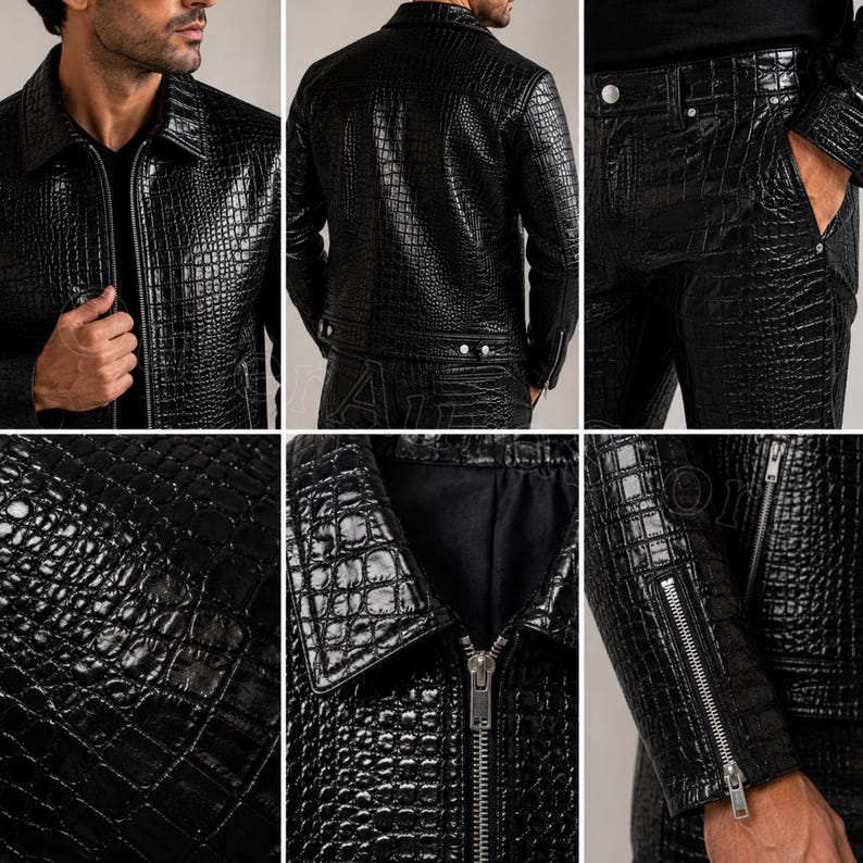 May include: A black jacket and matching trousers set featuring a glossy, embossed crocodile skin texture. The jacket includes a pointed collar, a full-length front metal zipper, and long sleeves with zippered cuffs. The trousers feature a classic five-pocket design with metal rivets and a button closure.
