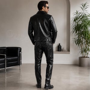 Men's Black Crocodile Embossed Genuine Leather Suit | Handmade Leather Jacket & Pants Set | Luxury Designer Outfit | Custom Fit image 3