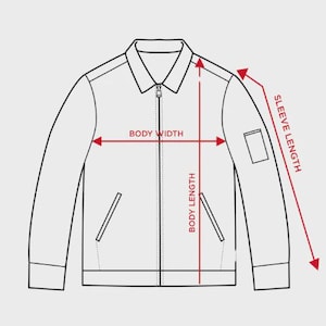 May include: Line drawing of a jacket with measurements labeled. The red lines indicate body width, body length, and sleeve length. The jacket has a collar, a zipper, and two front pockets. The background is a solid light gray.