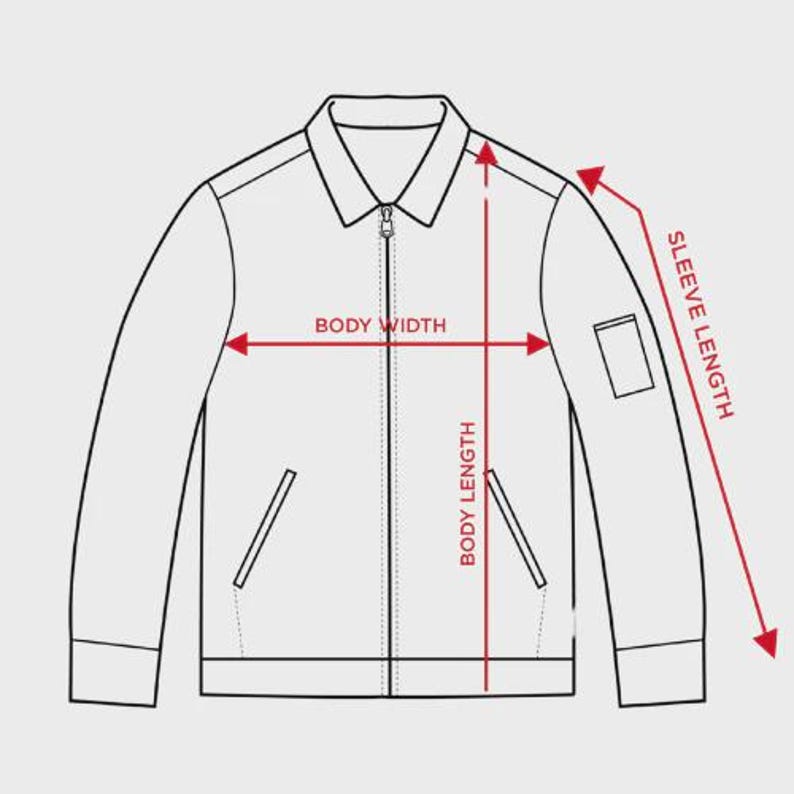 May include: Line drawing of a jacket with measurements labeled. The red lines indicate body width, body length, and sleeve length. The jacket has a collar, a zipper, and two front pockets. The background is a solid light gray.