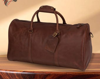 Handmade Full Grain Leather Duffle Bag | Vintage Brown Travel Weekender Bag for Men | Overnight Carry-On Luggage | Gift for Him