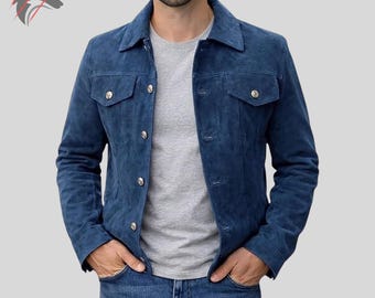Men's Blue Suede Leather Trucker Jacket - Western Cowboy Jacket, Vintage Style Button Front Casual Suede Jacket
