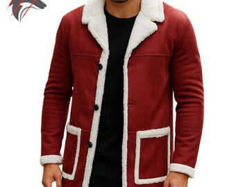 May include: A burgundy jacket with a cream-colored shearling collar and trim. The jacket has a button-up front and two front pockets. The jacket is made of a suede-like material.