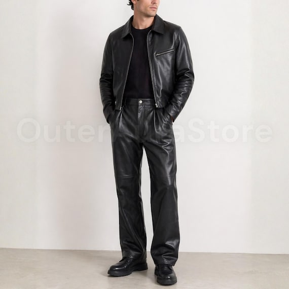 Men's Genuine Lambskin Leather Suit – Black Leather Jacket & Relaxed Fit Pant Set, Luxury Formal Leather Outfit, Minimalist Streetwear Style