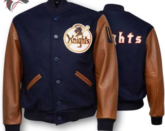 Vintage 1939 NY Knights Varsity Jacket - Navy Wool Body & Brown Leather Sleeves | Retro Letterman Baseball Jacket, Unisex Collectible