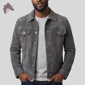 Men's Suede Leather Trucker Jacket | Grey Western Cowboy Style Button Front Casual Jacket
