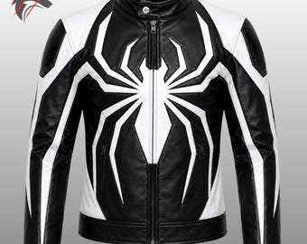 Spider Leather Jacket Black White | Venom Symbiote Biker Jacket | Men's Motorcycle Leather Jacket | Comic Con Cosplay & Halloween Costume