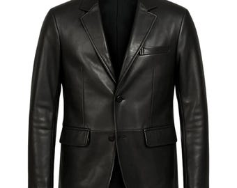 Men’s Black Genuine Lambskin Leather Blazer Jacket – Classic Formal Two Button Coat, Slim Fit Luxury Suit Jacket, Stylish Leather Blazer