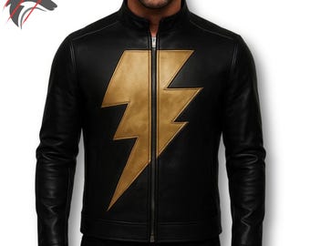Customized Black Adam Leather Jacket | Gold Lightning Bolt Men's Biker Jacket | DC Superhero Movie Cosplay jacket | Black Leather Coat Gift