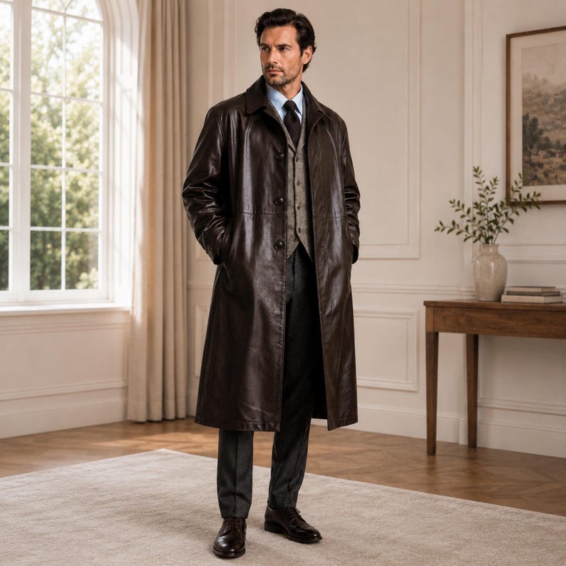 May include: A dark brown leather trench coat worn over a light blue button-down shirt, a dark tie, a grey patterned vest, and dark grey trousers. The coat features a classic collar, long sleeves, and a button-front closure reaching below the knees.