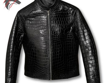 Handmade Genuine Crocodile Leather Jacket | Men's Luxury Black Croc Skin Biker Coat | Custom Fit Premium Leather Outerwear Gift for Him
