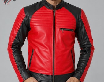 Jaqueta de couro artesanal vermelha e preta para motociclista – Jaqueta slim fit, estilo café racer acolchoada, jaqueta de couro legítimo, ótima opção de presente.