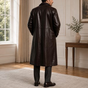 May include: A long, dark brown leather coat featuring a structured collar, long sleeves, and a smooth finish. The coat extends to the mid-calf and is worn over dark gray trousers and dark brown leather dress shoes, viewed from the back.