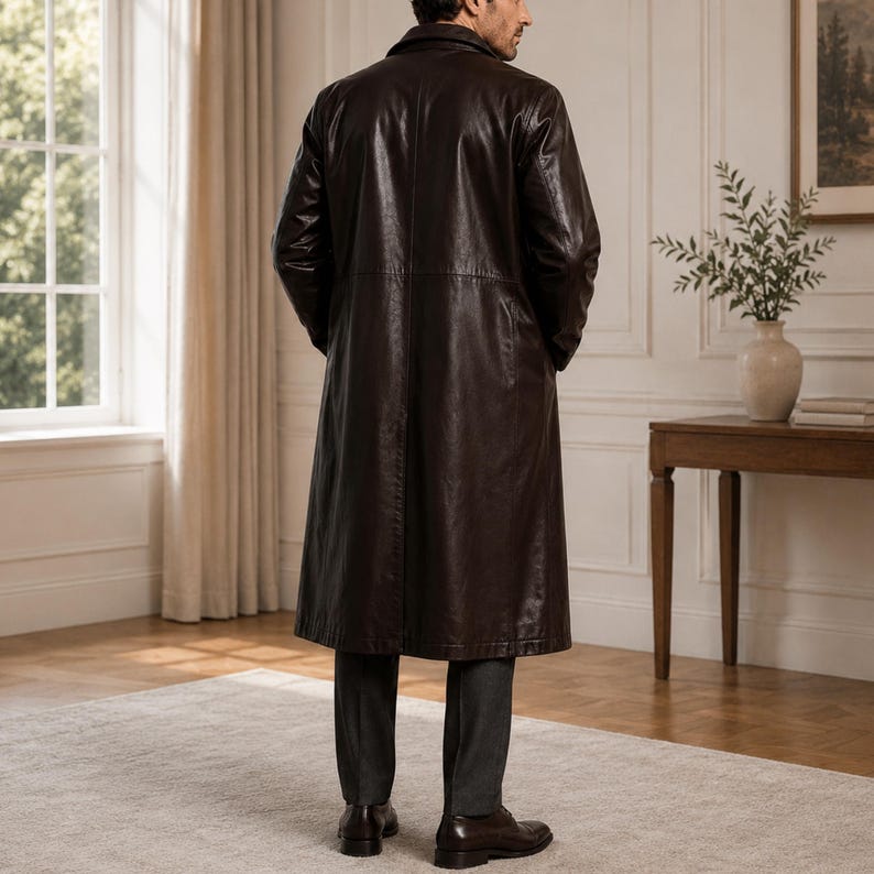 May include: A long, dark brown leather coat featuring a structured collar, long sleeves, and a smooth finish. The coat extends to the mid-calf and is worn over dark gray trousers and dark brown leather dress shoes, viewed from the back.