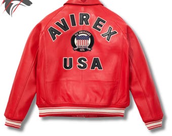 Chaqueta bomber de cuero AVIREX USA personalizada – Estilo universitario vintage de los 90