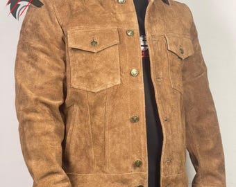 Men’s Suede Trucker Jacket | Vintage Western Suede Coat | Handmade Tan Suede Leather Jacket | Classic Cowboy Style Outerwear | Gift for Him