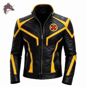 May include: A black leather jacket featuring bright yellow accents on the shoulders, chest, and sleeves. The jacket has a central zipper, a high collar, and a circular patch on the left chest displaying a red X inside a yellow circle.