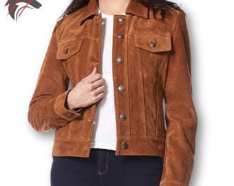 Handmade Women's Suede Trucker Jacket – Vintage Brown Western Leather Coat