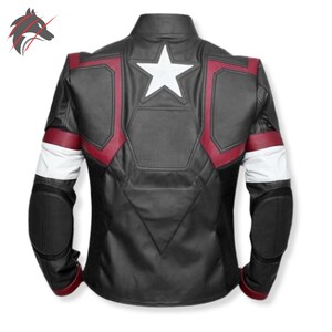 Handgemaakt leren Captain America-jack: leren superhelden-cosplayjack voor heren | Bikerjas patriottische ster op borst | Aangepaste formaten afbeelding 5