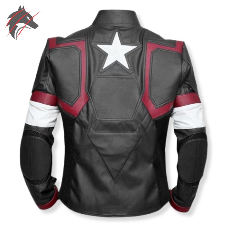 Handgemaakt leren Captain America-jack: leren superhelden-cosplayjack voor heren | Bikerjas patriottische ster op borst | Aangepaste formaten afbeelding 5