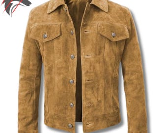 Vintage Beige Wildlederjacke | Herren Western Trucker Mantel | Klassisches Braunes Wildleder Outfit | Handgefertigtes Casual Herbst Oberbekleidung Geschenk für Ihn