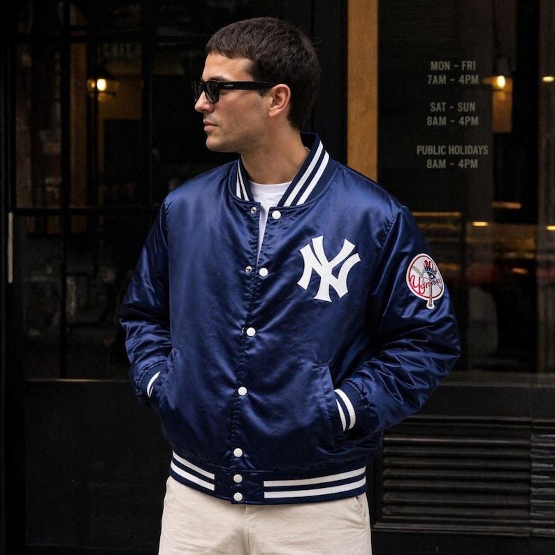 May include: A navy blue satin bomber jacket with white stripes on the collar, cuffs, and hem. The jacket features the New York Yankees logo in white on the chest and a team patch on the sleeve. The jacket has a button-up front and two pockets.