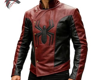 Leren Spider-Man-geïnspireerde herenbikerjack | Asymmetrische moto-cosplay