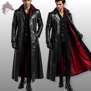 Svart lädertrenchcoat | Herr gotisk steampunk lång kappa, rödfodrad vampyrkostym och cyberpunk matrix-jacka