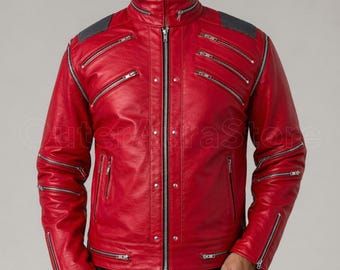 Michael Jackson Thriller Red Faux Leather Jacket | MJ Beat It Biker Costume Wear