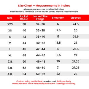 May include: A size chart in inches for jackets, with measurements for chest, jacket size range, shoulder, and sleeves. Sizes range from XXS to 4XL. The text at the top reads "Size Chart - Measurements in Inches."