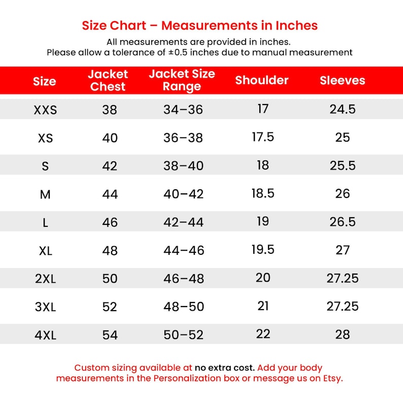 May include: A size chart in inches for jackets, with measurements for chest, jacket size range, shoulder, and sleeves. Sizes range from XXS to 4XL. The text at the top reads "Size Chart - Measurements in Inches."