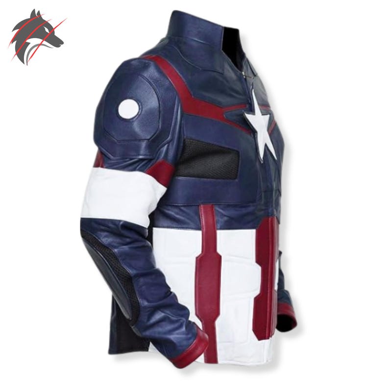 Handgemaakt leren Captain America-jack: leren superhelden-cosplayjack voor heren | Bikerjas patriottische ster op borst | Aangepaste formaten afbeelding 4