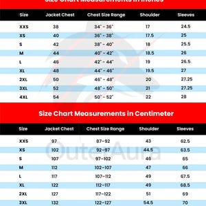 May include: A size chart for jackets, with measurements in inches and centimeters. The chart includes sizes from XXS to 4XL, detailing jacket chest, chest size range, shoulder, and sleeve measurements. The chart is on a black and red background.