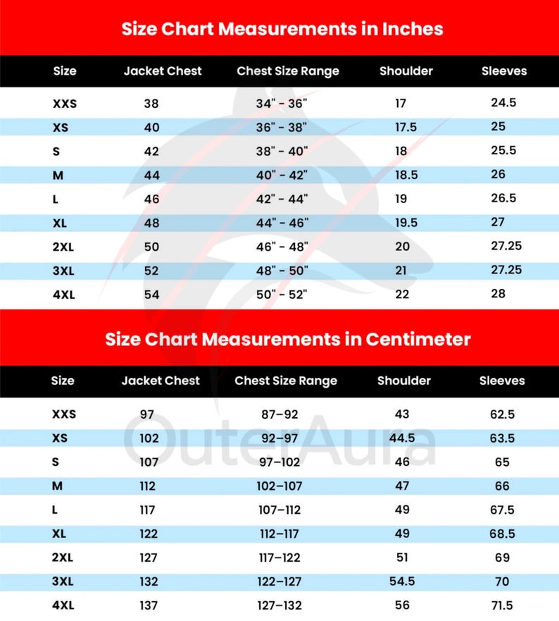 May include: A size chart for jackets, with measurements in inches and centimeters. The chart includes sizes from XXS to 4XL, detailing jacket chest, chest size range, shoulder, and sleeve measurements. The chart is on a black and red background.