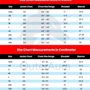 May include: Size chart for jackets, showing measurements in inches and centimeters. Includes jacket chest, chest size range, shoulder, and sleeve measurements for sizes XXS to 4XL. The chart is on a black and red background.