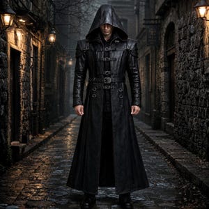Handmade Black Hooded Leather Trench Coat