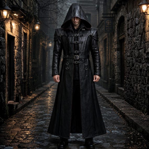 Handmade Black Hooded Leather Trench Coat | Gothic Steampunk Long Jacket, Men’s Vampire Coat, Cosplay Leather Overcoat, Custom Size