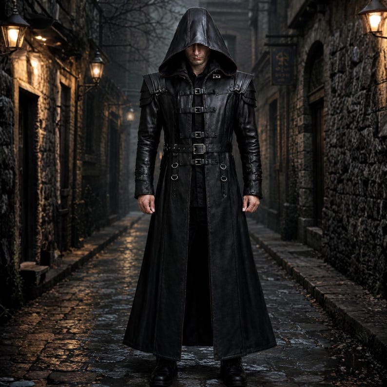 Handmade Black Hooded Leather Trench Coat
